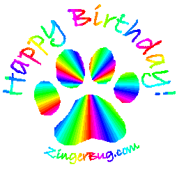 Another DogComments image: (happy_birthday_paw_print_rainbow) for MySpace from ZingerBug.com