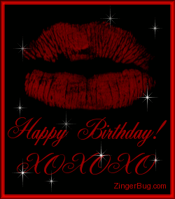 Click here to browse our entire collection of birthday hugs and kisses comments. This glitter graphic features red lips on a black background with glittered stars. The comment reads: Happy Birthday! XOXOXO!