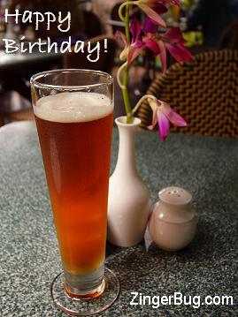 Click here to browse our collection of Happy Birthday comments that feature images of beer, wine and other drinks. This photo features a tall glass of beer with a pink flower nearby. The comment reads: Happy Birthday!