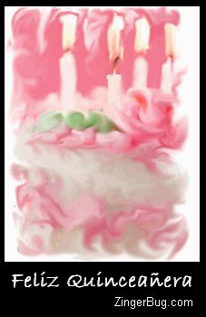 Click here to browse our entire collection of Quincea�era Birthday comments and graphics. This image features a pink birthday cake animated with an artistic swirling pattern. The comment reads: Feliz Quincea�era!