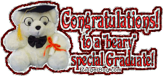 Click to get the codes for this image. This cute glitter graphic shows a teddy bear wearing a graduation hat and holding a diploma. The comment reads: Contratulations! To a 