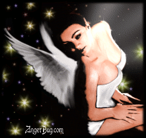 Click to get the codes for this image. This glitter graphic shows a sexy fairy or angel with her heat tilted back and  glittered stars in the background.