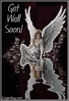 Click to get the codes for this image. This beautiful glitter graphic shows an angel sitting at the edge of an animated reflecting pool. The comment reads: Get Well soon!