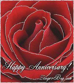 Click to get the codes for this image. This beautiful glitter graphic shows a close-up of a red rose with silver glitter on the tips of each petal. The comment reads: Happy Anniversary!