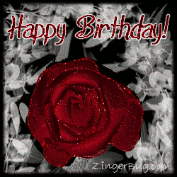 Click to get the codes for this image. This beautiful glitter graphic shows a close-up of a red rose with glitter on the tips of each petal. The comment reads: Happy Birthday!