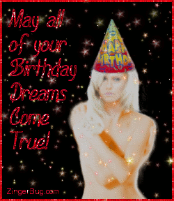 Click to get the codes for this image. Glitter graphic of a sexy woman wearing a birthday hat. Comment reads: May all of your birthday dreams come true!