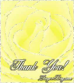Click to get the codes for this image. This beautiful glitter graphic shows a close-up of a yellow rose with silver glitter on the tips of each petal. The comment reads: Thank You!