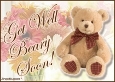 Send some cheer to a friend who is under the weather with one of these great MySpace Get Well Soon comments and glitter graphics. This image features a teddy bear with a bouquet of flowers and reads: Get Well Beary Soon!