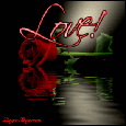 Click here for I Love You MySpace Comments and more! These glitters celebrate love and romance. This image features a red rose reflected in an animated pool and reads: Love!