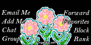 Click to get the codes for this image. This MySpace Contact Table (Contact Box) features a glitter graphic of three pink flowers on a black background.