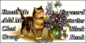Click to get the codes for this image. This MySpace Contact Table (Contact Box) features a vintage drawing of a cat looking at a bouquet of flowers.
