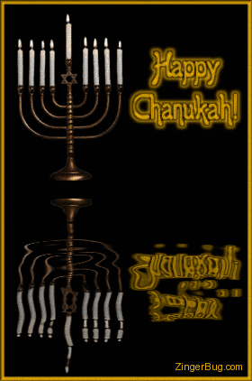 This graphic features a menorah with animated burning candles reflected in an animated pool. The comment reads: Happy Chanukah!