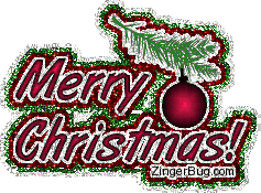 Christmas Glitter Graphic showing a Christmas ornament hanging from a Christmas tree. Comment reads Merry Christmas!
