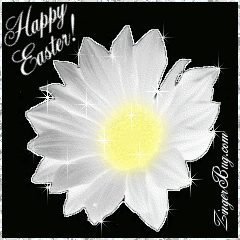 Click to get the codes for this image. This beautiful glitter graphic shows a white daisy with silver glitter on the tips of each petal. The comment reads: Happy Easter!