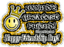 Click to get the codes for this image. Glitter graphic of a smiley face wearing a crown. The comment reads: World's Greatest Friend! Happy Friendship Day!