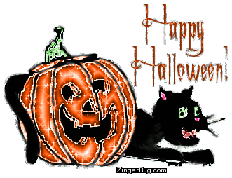 Click to get the codes for this image. Happy Halloween Glitter Cat With Pumpkin, Halloween Graphic Comment and Codes for MySpace, Friendster, Orkut, Piczo, Xanga or any other website or blog.