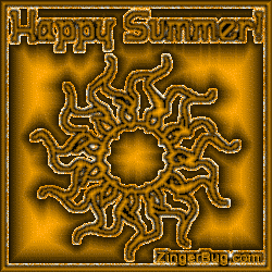 Click to get the codes for this image. Glitter graphic of a satin sun with the comment: Happy Summer!
