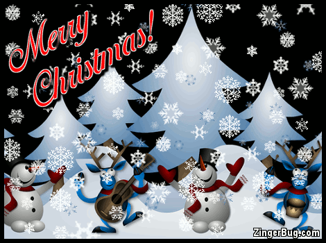 Merry Christmas Cute Snowmen And Reindeer With Falling Snow Glitter Graphic, Greeting, Comment