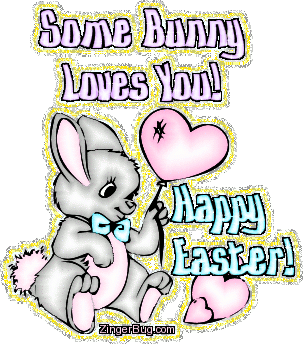 Click to get the codes for this image. This cute glitter graphic shows an adorable cartoon bunny holding a heart shaped balloon. The comment reads: Some Bunny Loves You! Happy Easter!