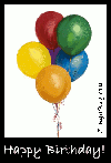 Click here to browse our collection of happy birthday comments featuring images of birthday balloons. This graphic features a bundle of birthday balloons animated with an artistic swirl pattern. The comment reads: Happy Birthday!