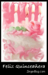 Click here to browse our entire collection of Quinceañera Birthday comments and graphics. This image features a pink birthday cake animated with an artistic swirling pattern. The comment reads: Feliz Quinceañera!