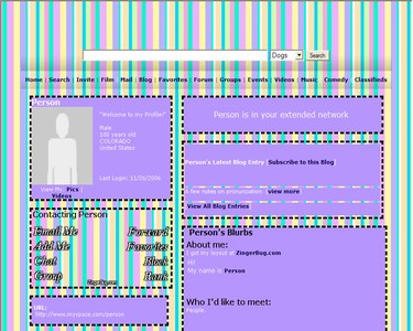 Click here to browse our collection of premade ready to use MySpace Layouts. This image shows a snapshot of a MySpace layout with purple tables and a striped background.