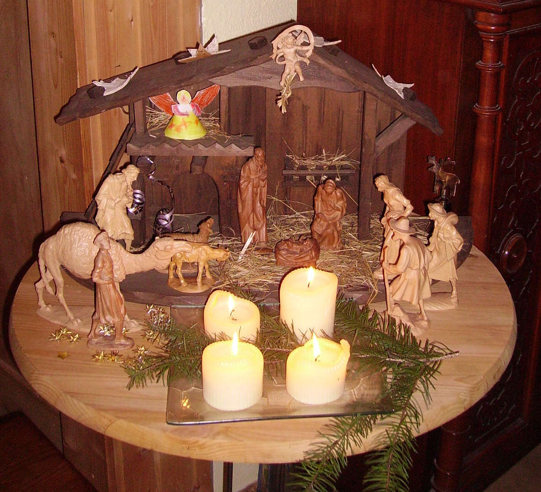 Click to get the codes for this image. Wooden Nativity Scene With Candles, Holidays  Christmas Background, wallpaper or texture for Blogger, Wordpress, or any phone, desktop or blog.