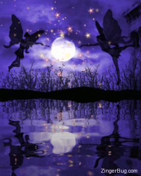 Click to get the codes for this image. This beautiful graphic shows two fairies in the night sky pointing fairy dust at a glowing moon. The whole scene is reflected in an animated pool.