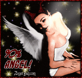 Click to get the codes for this image. Glitter graphic of a very sexy angel with horns. Comment reads: 90% Angel!