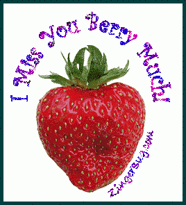 Click to get the codes for this image. photo of a strawberry with glitter text reading: I Miss You Berry Much!