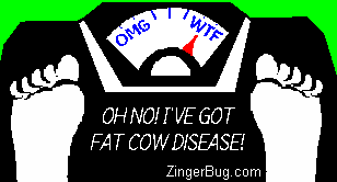 Click to get the codes for this image. Funny graphic of 2 feet on a scale. The scale reads OMG on one side and WTF on the other. The comment reads: Oh No! I've got Fat Cow Disease!