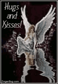 Click to get the codes for this image. This beautiful glitter graphic shows an angel sitting at the edge of an animated reflecting pool. The comment reads: Hugs and Kisses!