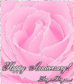 Click to get the codes for this image. This beautiful glitter graphic shows a close-up of a pink rose with silver glitter on the tips of each petal. The comment reads: Happy Anniversary!