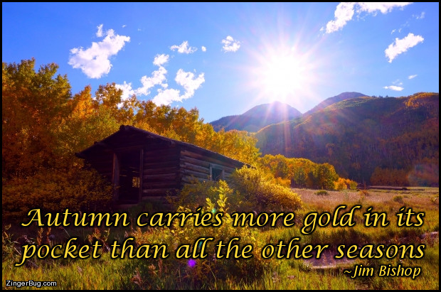 Click to get the codes for this image. This comment features a beautiful rustic photograph of a log cabin in the mountains surrounded by golden aspen trees. The quote is from Jim Bishop and reads: Autumn carries more gold in its pocket than all the other seasons.