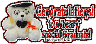Click to get the codes for this image. This cute glitter graphic shows a teddy bear wearing a graduation hat and holding a diploma. The comment reads: Contratulations! To a beary special Graduate!