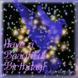 Click to get the codes for this image. This pretty glitter graphic shows a transparent blue bird in front of a sky of twinkling stars. The comment reads: Have a Beautiful Birthday!