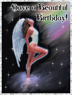 Click to get the codes for this image. This glitter graphic shows a sexy angel bathed in the light of a rainbow. The comment reads: Have a Beautiful Birthday!