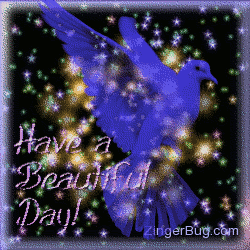 Click to get the codes for this image. This pretty glitter graphic shows a transparent blue bird in front of a sky of twinkling stars. The comment reads: Have a Beautiful Day!