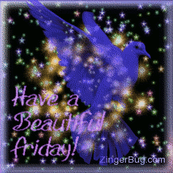 Click to get the codes for this image. This pretty glitter graphic shows a transparent blue bird in front of a sky of twinkling stars. The comment reads: Have a Beautiful Friday!