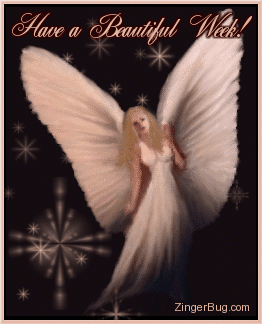 Click to get the codes for this image. This glitter graphic shows a beautiful angel wearing a long white gown with big wings on a background of stars. The comment reads: Have a Beautiful Week!