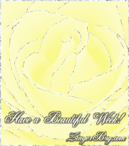 Click to get the codes for this image. This beautiful glitter graphic shows a close-up of a yellow rose with silver glitter on the tips of each petal. The comment reads: Have a Beautiful Week!