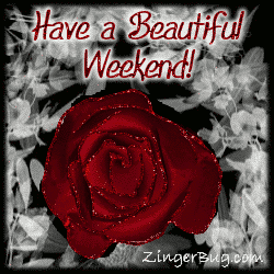Click to get the codes for this image. This comment shows a beautiful red rose with glitter highlights on top of a bed of monochromatic black and white leaves. The comment reads: Have a Beautiful Weekend!