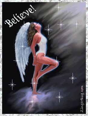Click to get the codes for this image. This graphic shows a sexy angel bathed in moonlight with twinkling stars. The comment reads: Believe!
