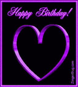 Click to get the codes for this image. This graphic shows a beautiful purple metallic 3D heart rotating and spinning. The comment reads: Happy Birthday!