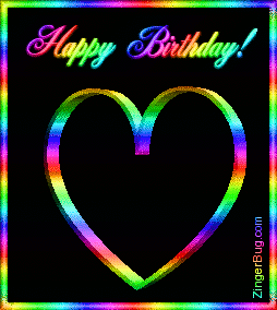 Click to get the codes for this image. This graphic shows a beautiful rainbow colored metallic 3D heart rotating and spinning. The comment reads: Happy Birthday!