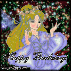Click to get the codes for this image. This glitter graphic shows a beautiful fairy on a glittered starry background. The comment reads: Happy Birthday!