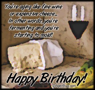 Click to get the codes for this image. This funny Happy Birthday comment reads: You're aging like fine wine or expensive cheese... In other words, you're fermenting and you're starting to mold! Happy Birthday!