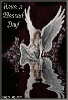 Click to get the codes for this image. This beautiful glitter graphic shows an angel sitting at the edge of an animated reflecting pool. The comment reads: Have a Blessed Day!