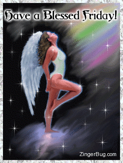 Click to get the codes for this image. This glitter graphic shows a sexy angel bathed in the light of a rainbow. The comment reads: Have a Blessed Friday!