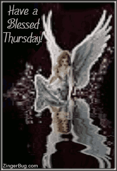 Click to get the codes for this image. This beautiful glitter graphic shows an angel sitting at the edge of an animated reflecting pool. The comment reads: Have a Blessed Thursday!